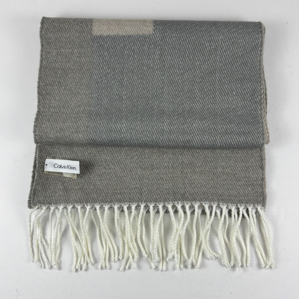 Calvin‎ Klein Scarf Unisex OS Grey Cream Fringe Tassel Colorblock